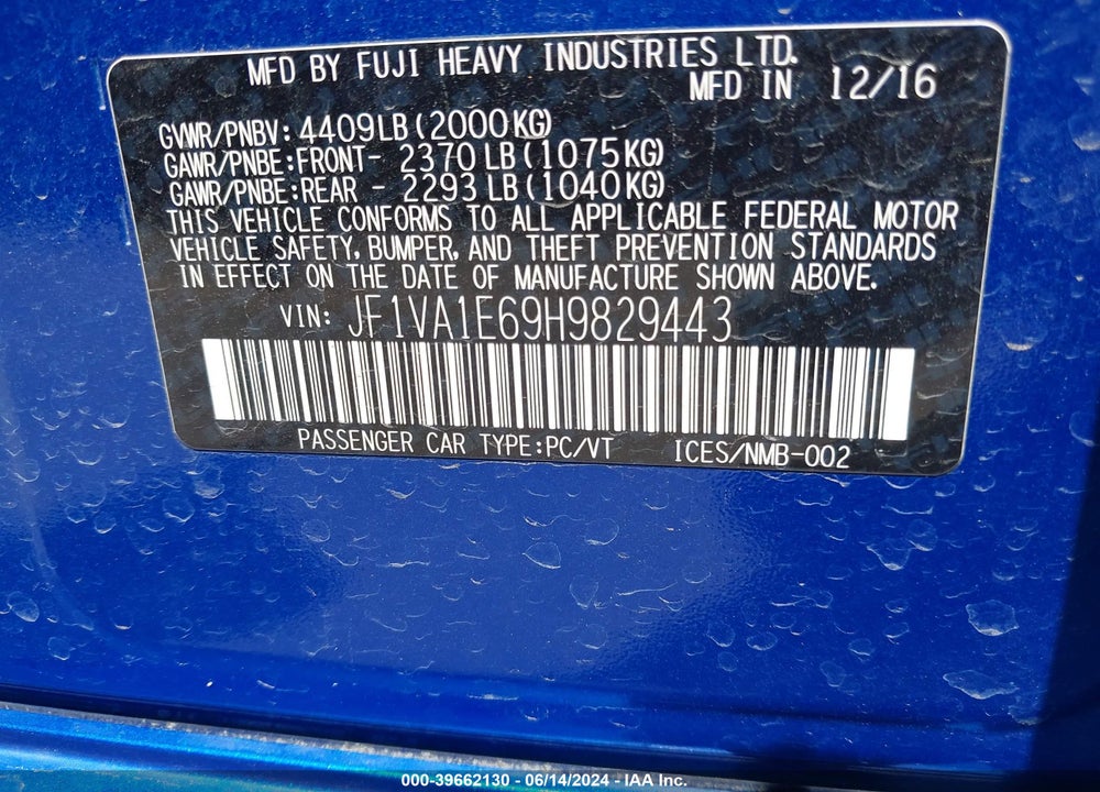2017 SUBARU WRX PREMIUM VIN: JF1VA1E69H9829443