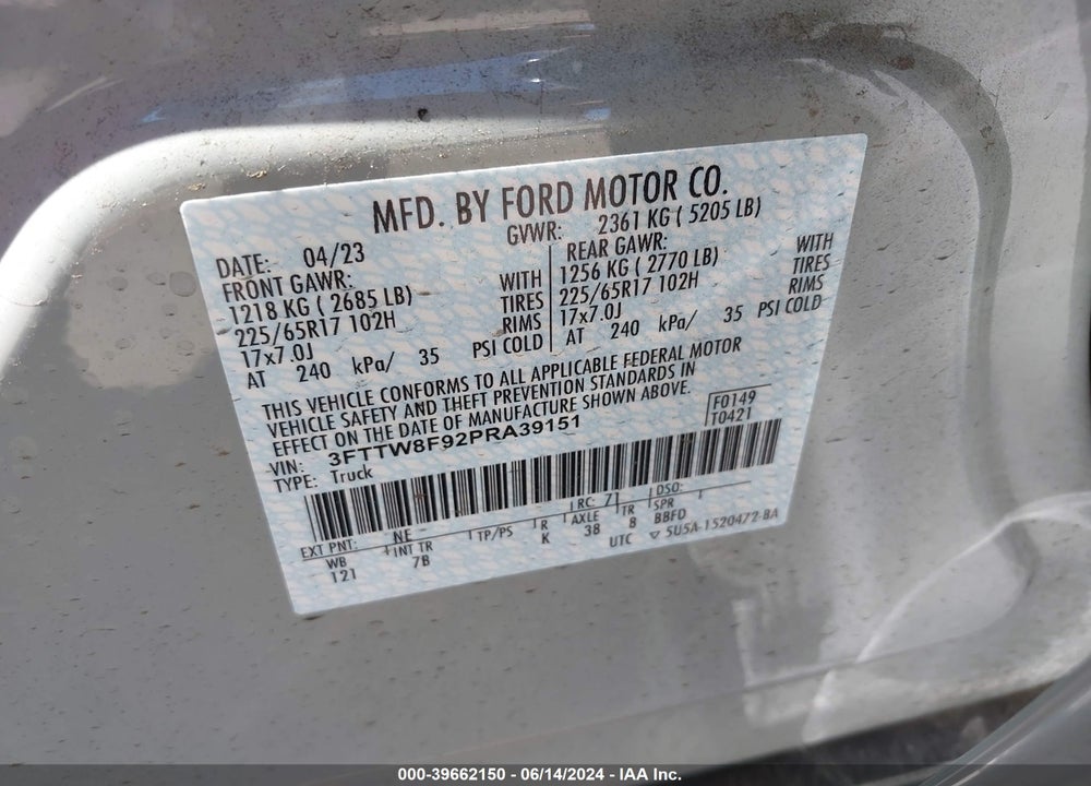 2023 FORD MAVERICK XLT VIN: 3FTTW8F92PRA39151