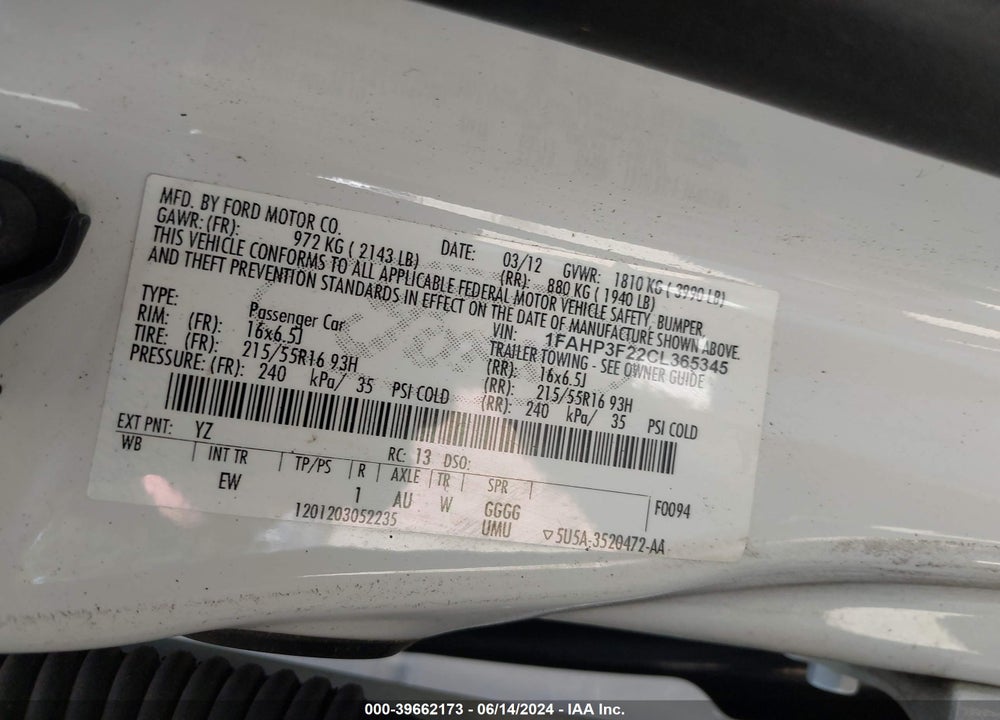 2012 FORD FOCUS SE VIN: 1FAHP3F22CL365345