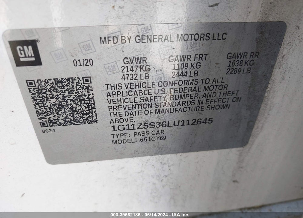 2020 CHEVROLET IMPALA FWD LT VIN: 1G11Z5S36LU112645