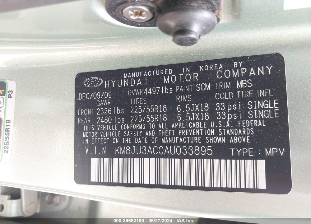 2010 HYUNDAI TUCSON VIN: KM8JU3AC0AU033895