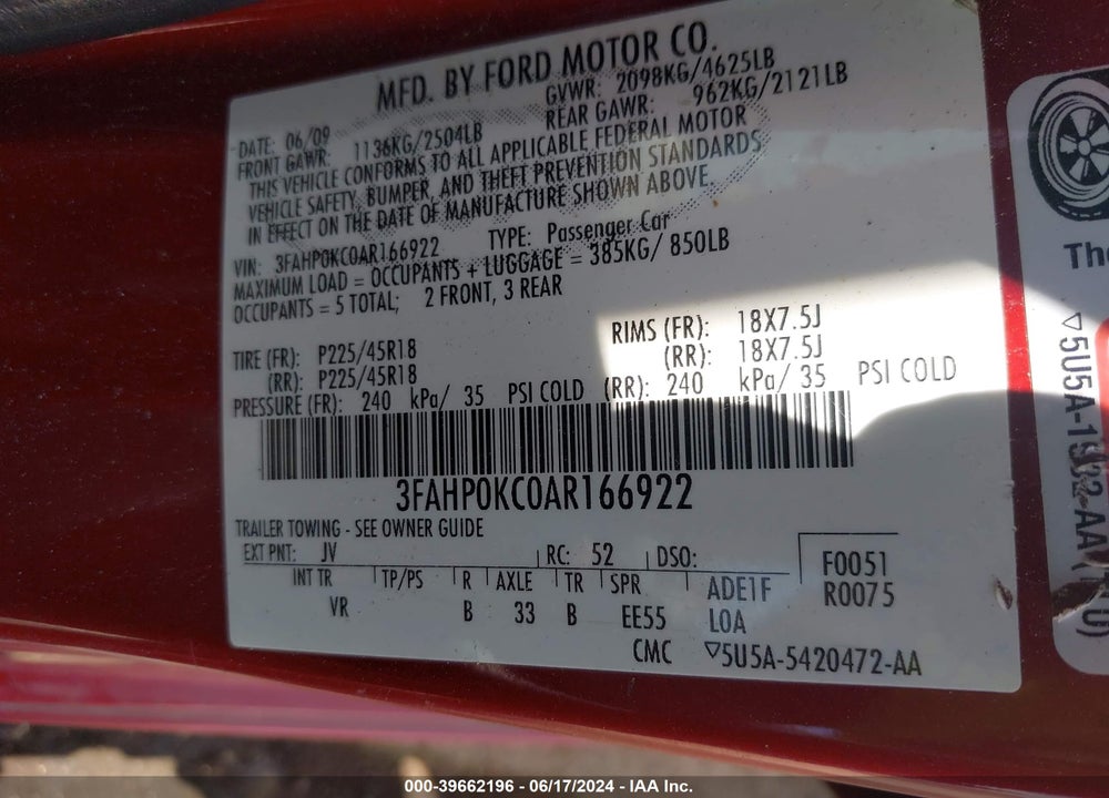 2010 FORD FUSION SPORT VIN: 3FAHP0KC0AR166922