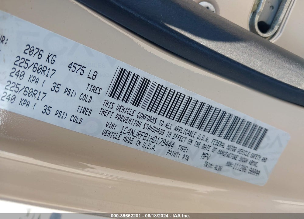 2017 JEEP PATRIOT VIN: 1C4NJRFB1HD179444