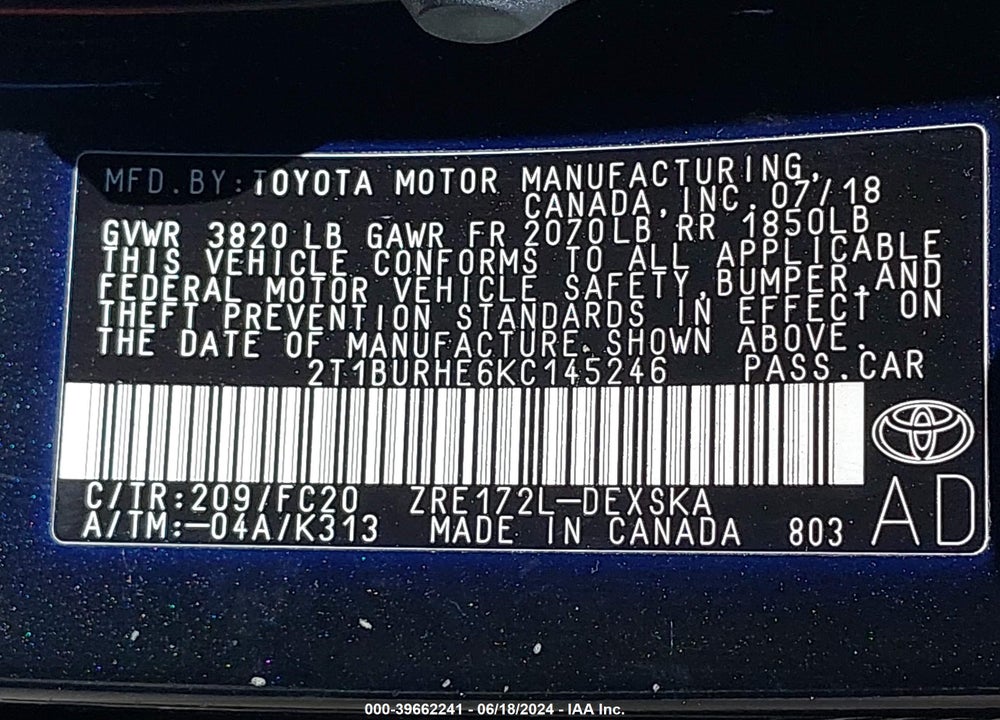 2019 TOYOTA COROLLA SE VIN: 2T1BURHE6KC145246