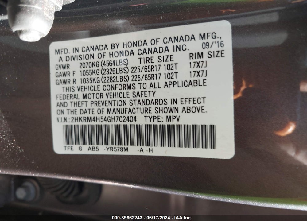 2016 HONDA CR-V EX VIN: 2HKRM4H54GH702404