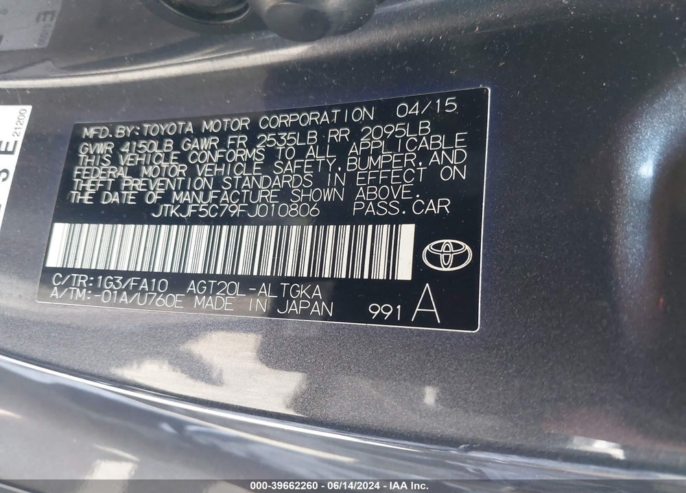 2015 SCION TC VIN: JTKJF5C79FJ010806