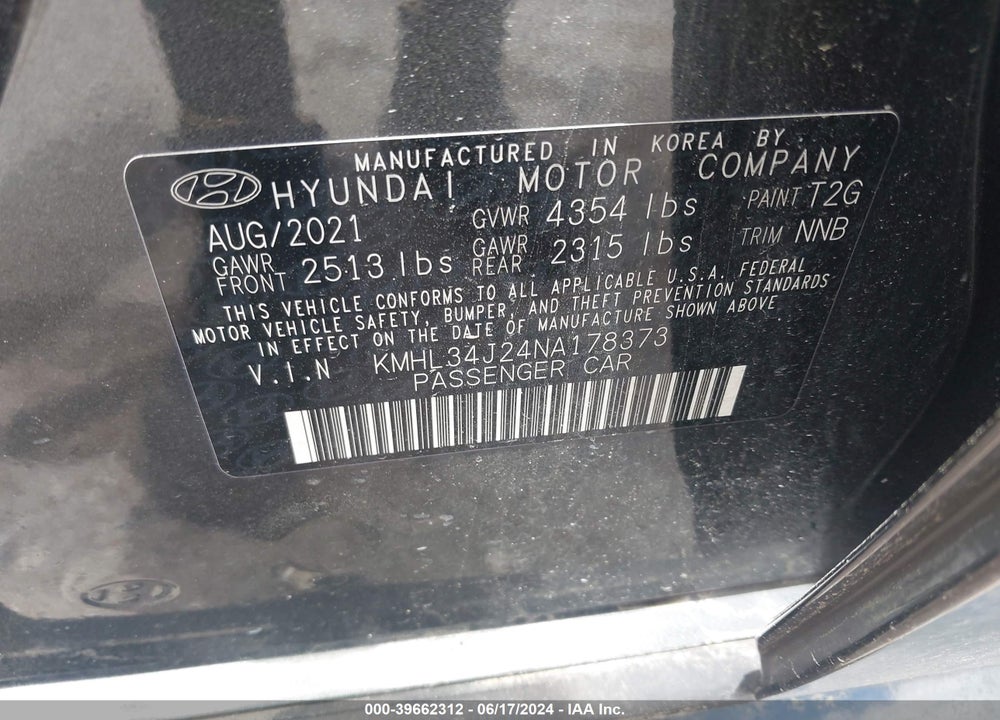 2022 HYUNDAI SONATA VIN: KMHL34J24NA178373