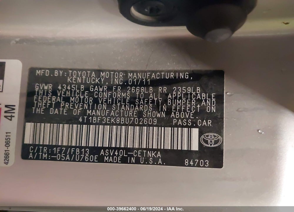 2011 TOYOTA CAMRY LE VIN: 4T1BF3EK8BU702609