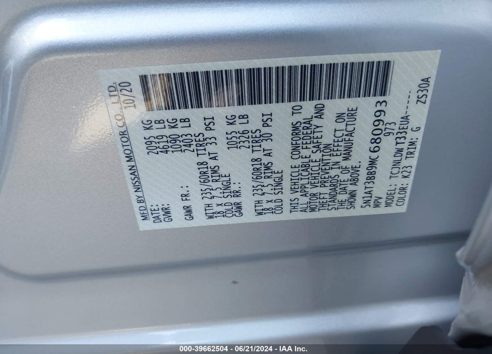 2021 NISSAN ROGUE SV INTELLIGENT AWD VIN: 5N1AT3BB9MC680993