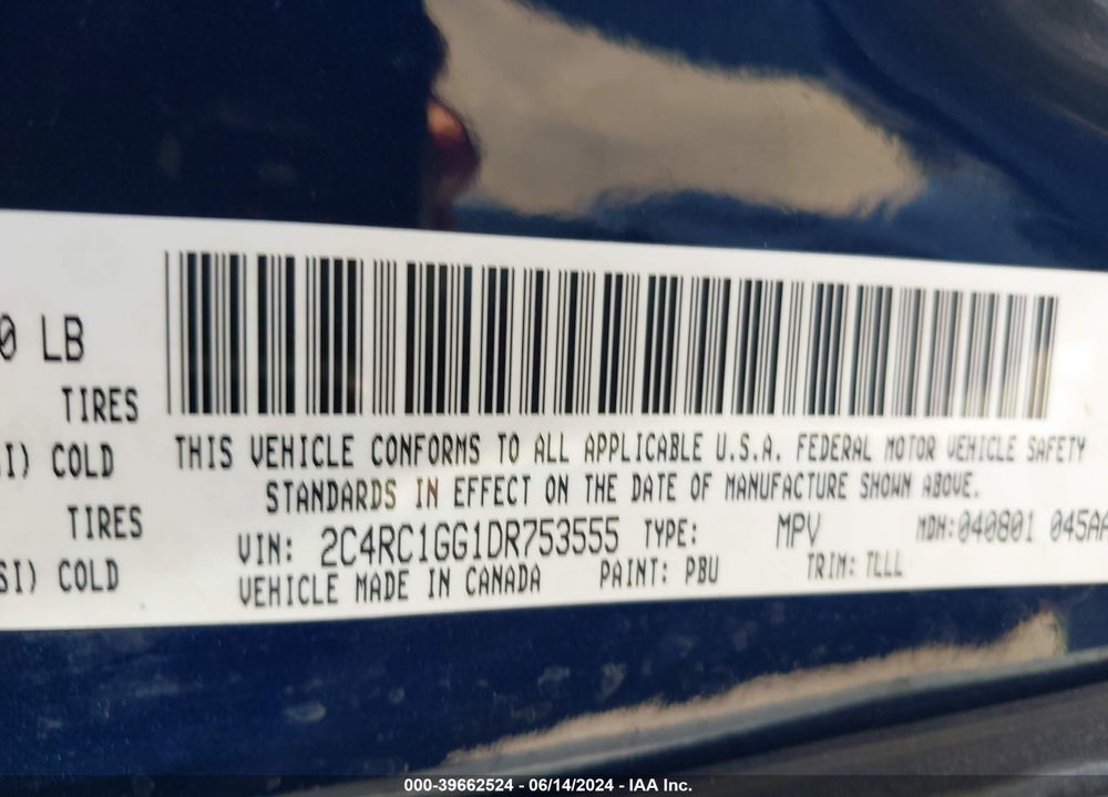 2013 CHRYSLER TOWN & COUNTRY LIMITED VIN: 2C4RC1GG1DR753555