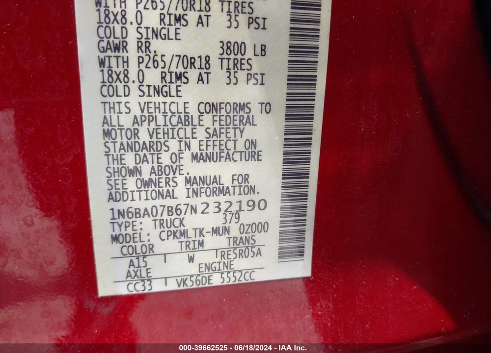 2007 NISSAN TITAN SE VIN: 1N6BA07B67N232190