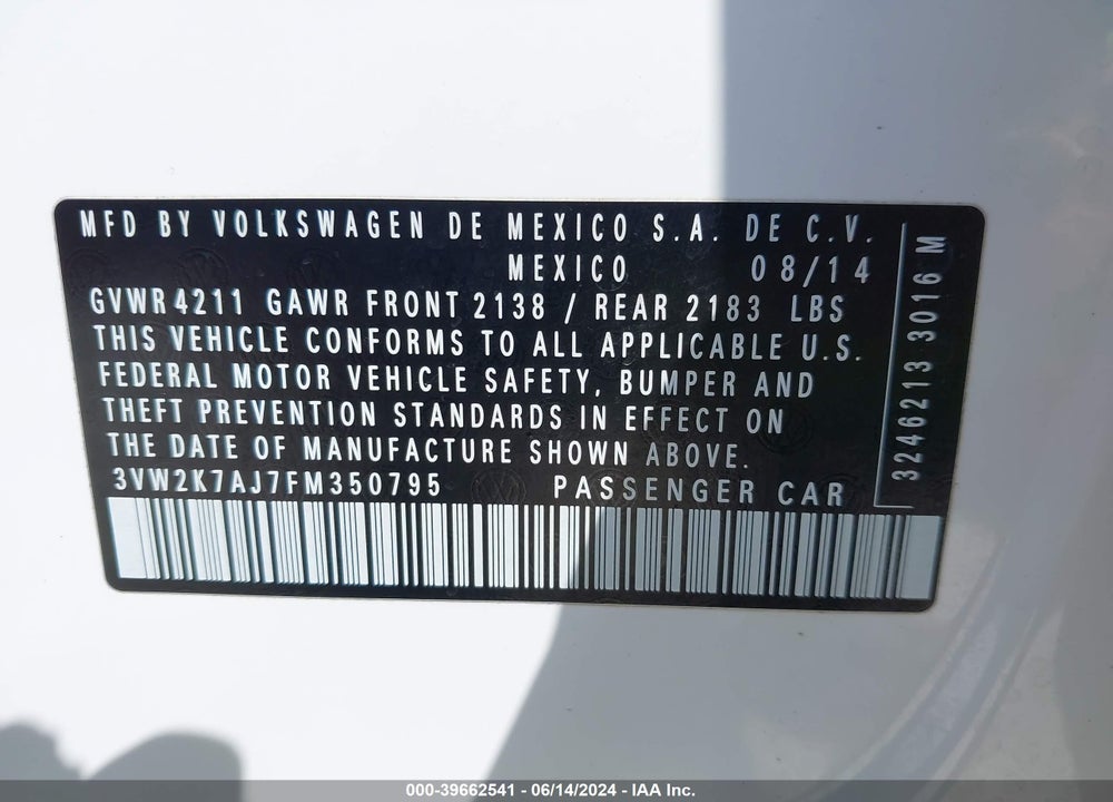 2015 VOLKSWAGEN JETTA 2.0L S VIN: 3VW2K7AJ7FM350795
