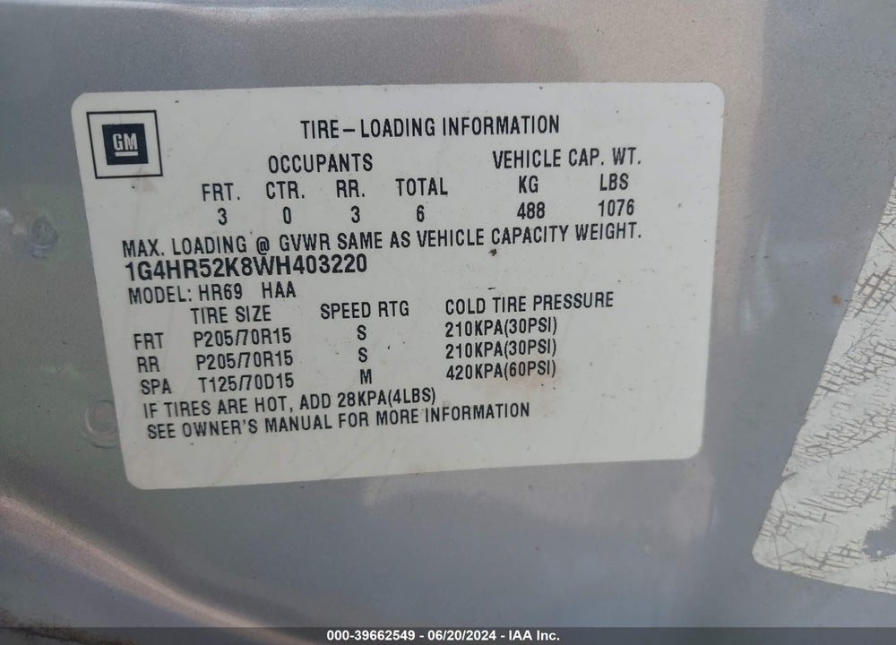 1998 BUICK LESABRE LIMITED VIN: 1G4HR52K8WH403220