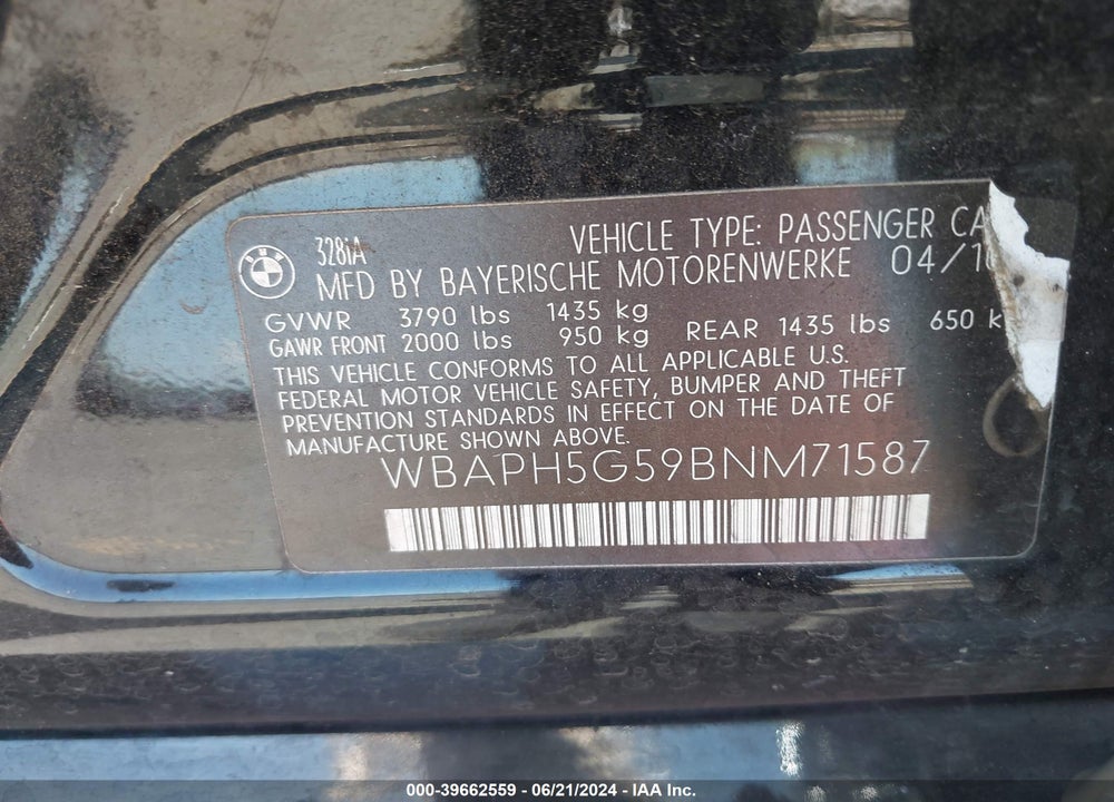 2011 BMW 328I VIN: WBAPH5G59BNM71587