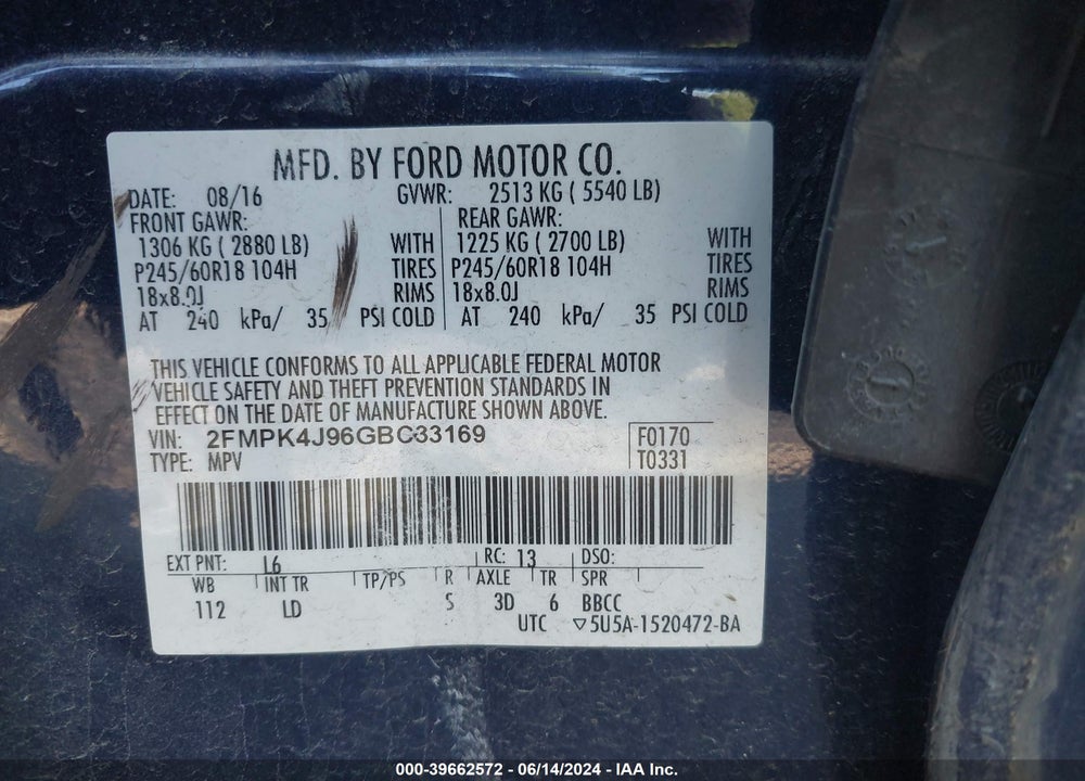 2016 FORD EDGE SEL VIN: 2FMPK4J96GBC33169