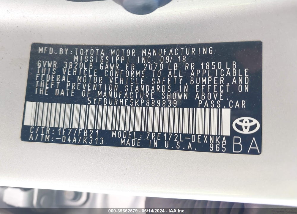 2019 TOYOTA COROLLA LE VIN: 5YFBURHE5KP889839