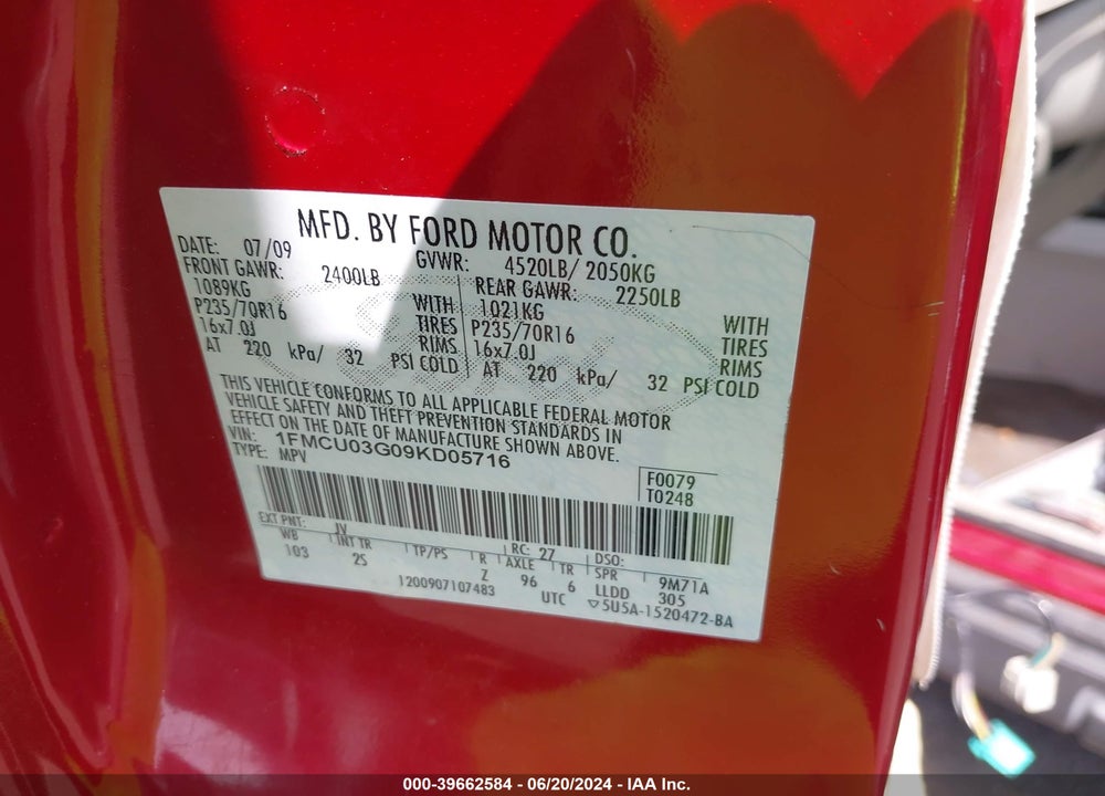 2009 FORD ESCAPE XLT VIN: 1FMCU03G09KD05716