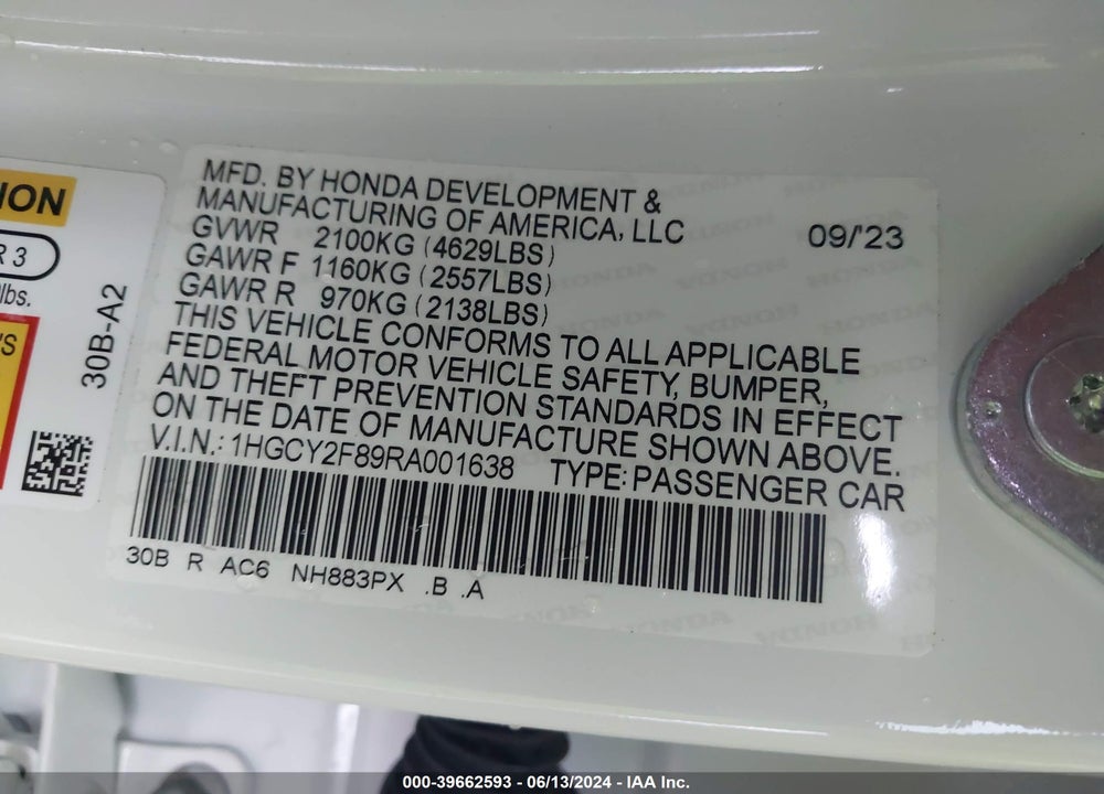 2024 HONDA ACCORD HYBRID TOURING VIN: 1HGCY2F89RA001638