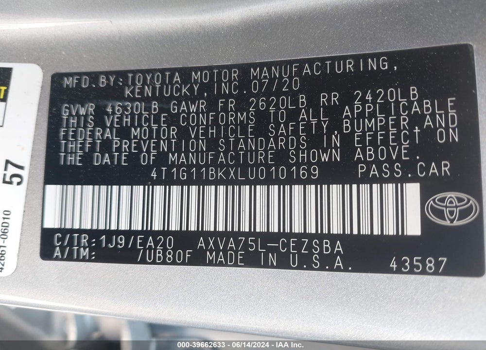 2020 TOYOTA CAMRY SE AWD VIN: 4T1G11BKXLU010169