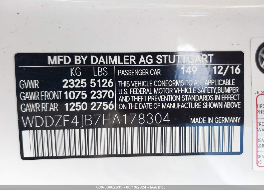2017 MERCEDES-BENZ E 300 VIN: WDDZF4JB7HA178304