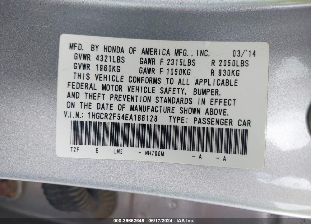 2014 HONDA ACCORD SPORT VIN: 1HGCR2F54EA186128