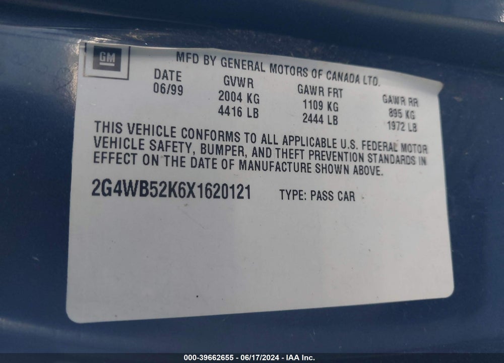 1999 BUICK REGAL LS VIN: 2G4WB52K6X1620121