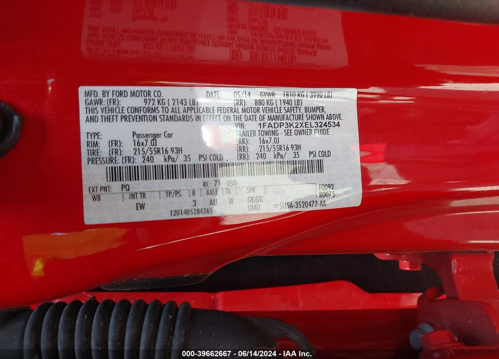 2014 FORD FOCUS SE VIN: 1FADP3K2XEL324534