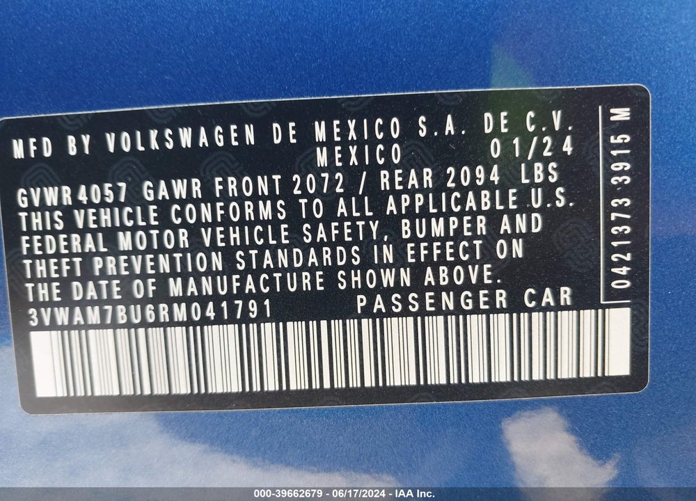 2024 VOLKSWAGEN JETTA 1.5T SPORT VIN: 3VWAM7BU6RM041791