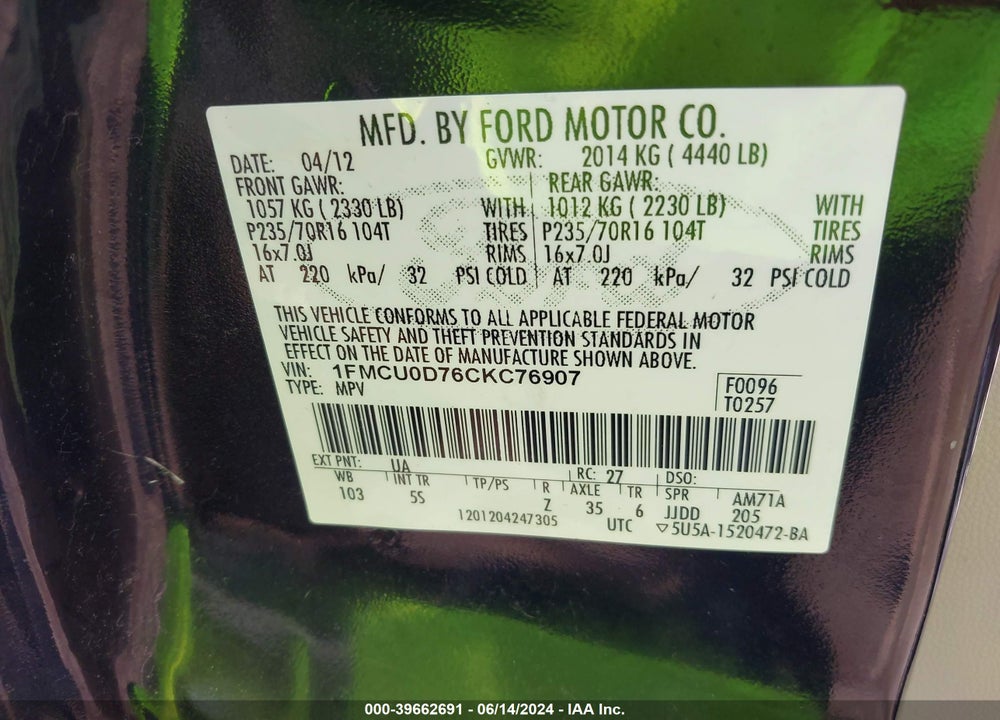 2012 FORD ESCAPE XLT VIN: 1FMCU0D76CKC76907