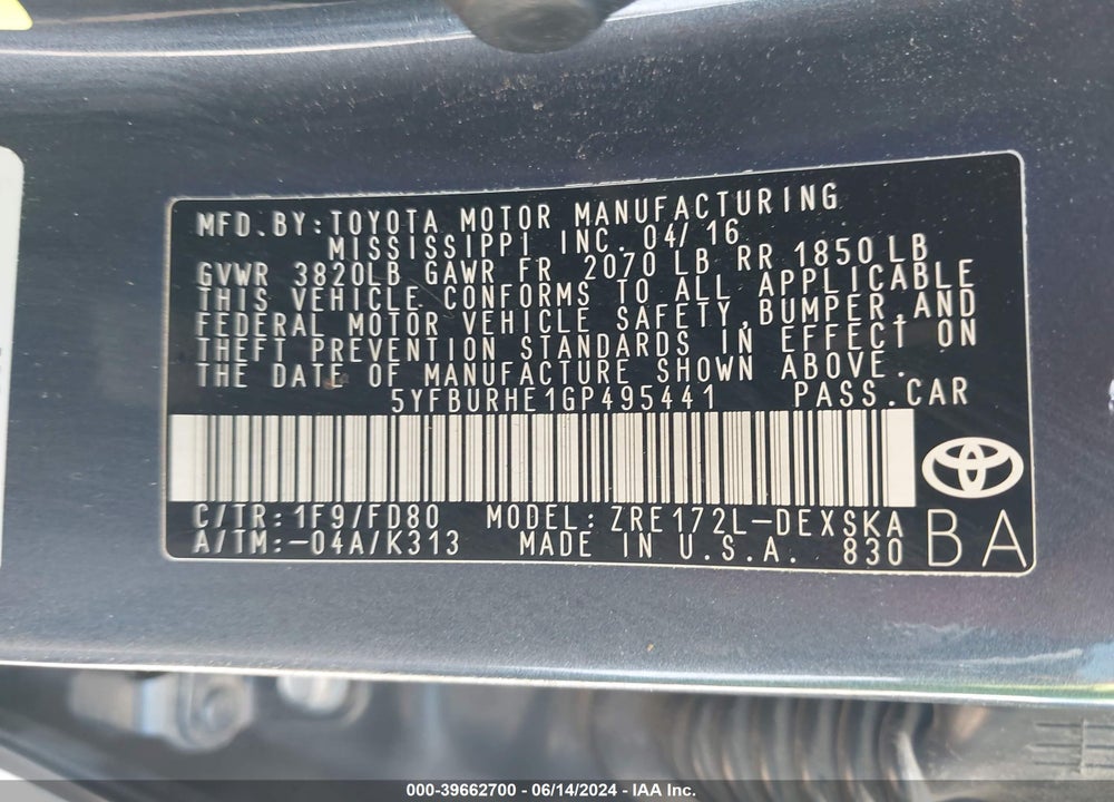 2016 TOYOTA COROLLA S PLUS VIN: 5YFBURHE1GP495441