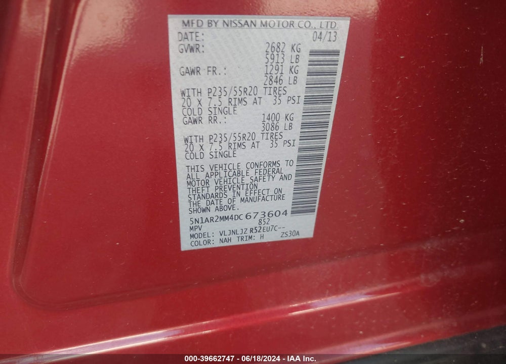 2013 NISSAN PATHFINDER PLATINUM VIN: 5N1AR2MM4DC673604