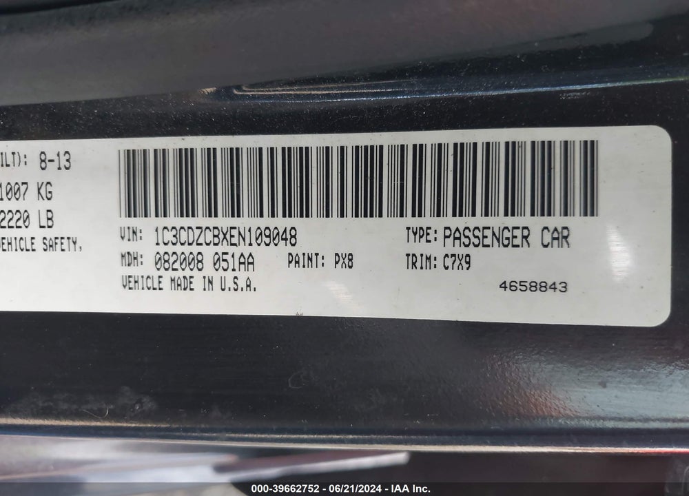 2014 DODGE AVENGER VIN: 1C3CDZCBXEN109048