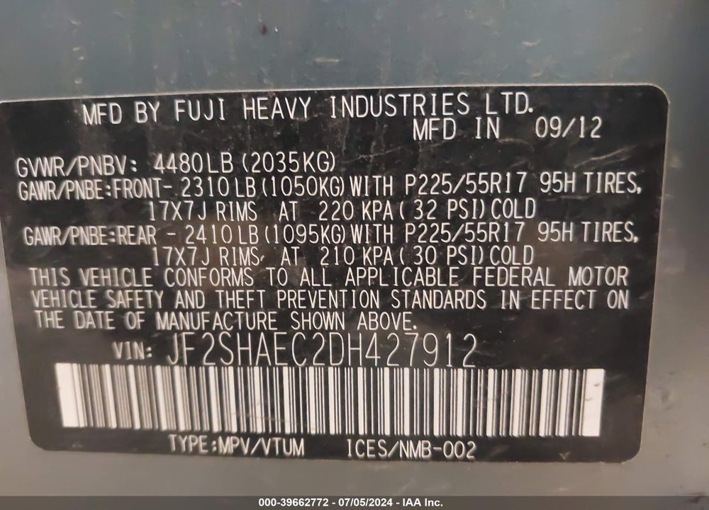 2013 SUBARU FORESTER 2.5X LIMITED VIN: JF2SHAEC2DH427912
