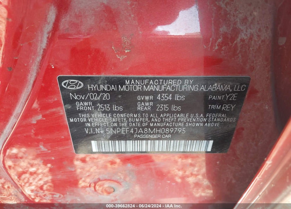 2021 HYUNDAI SONATA SEL VIN: 5NPEF4JA8MH089795