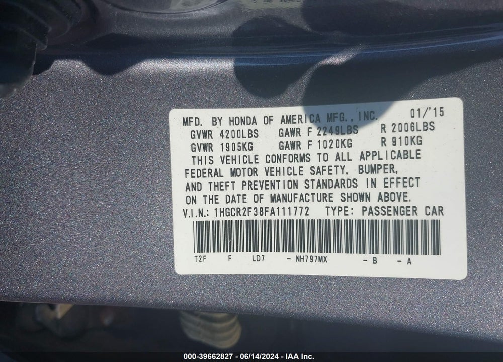 2015 HONDA ACCORD LX VIN: 1HGCR2F38FA111772