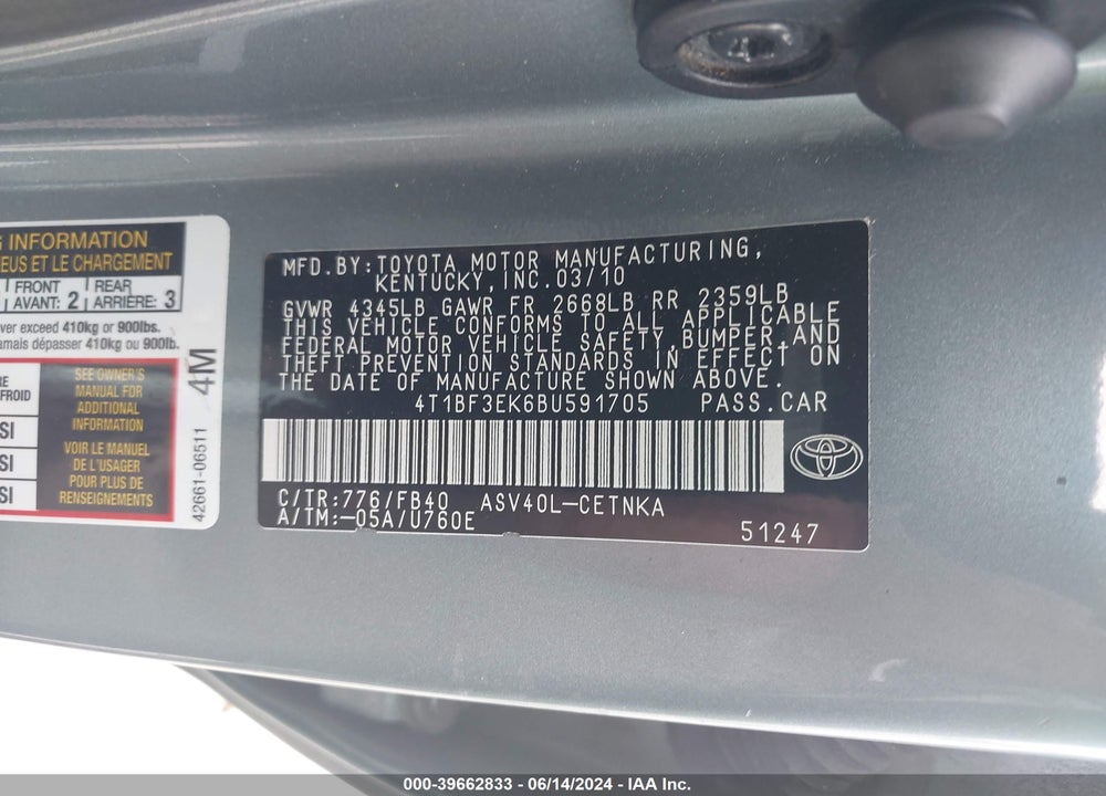 2011 TOYOTA CAMRY LE VIN: 4T1BF3EK6BU591705