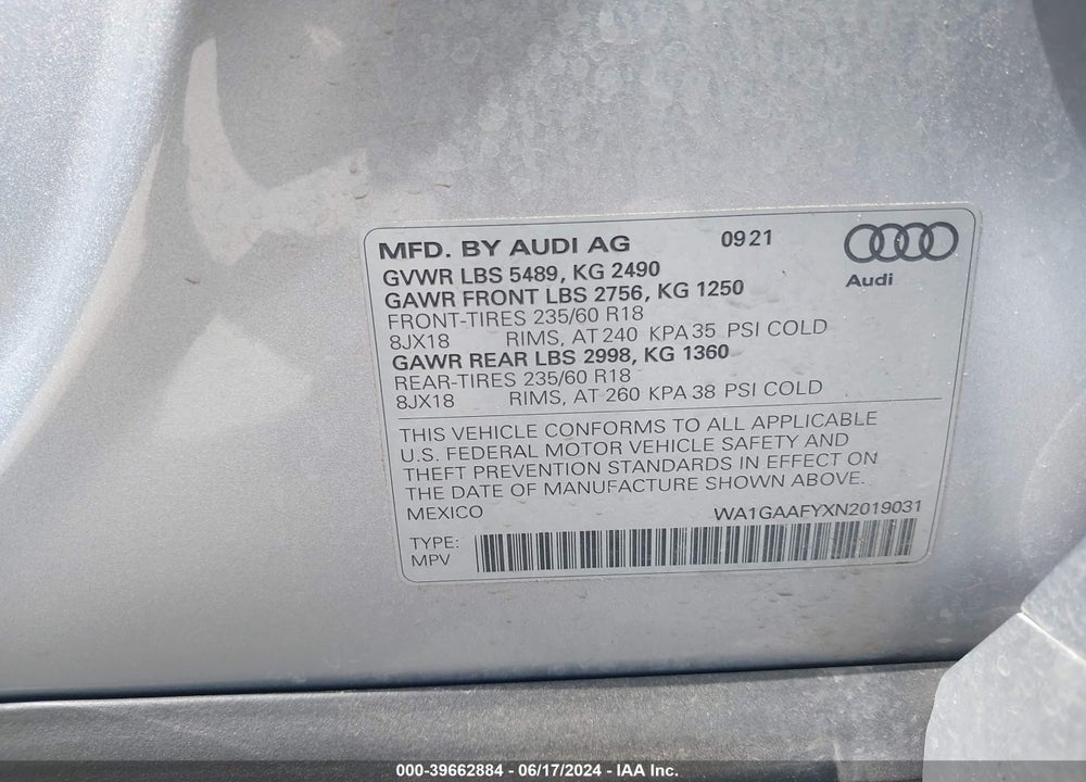 2022 AUDI Q5 PREMIUM 45 TFSI S LINE QUATTRO S TRONIC VIN: WA1GAAFYXN2019031
