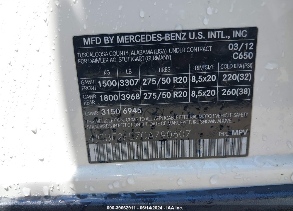 2012 MERCEDES-BENZ GL 350 BLUETEC 4MATIC VIN: 4JGBF2FE7CA790607