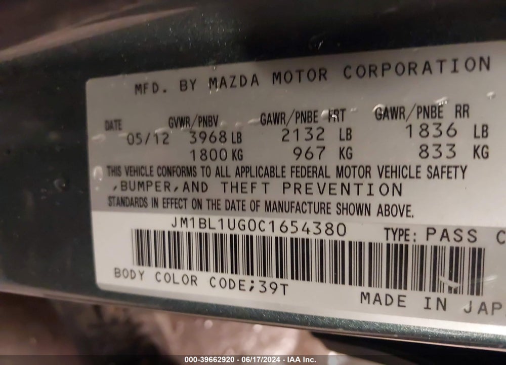 2012 MAZDA 3 I SPORT VIN: JM1BL1UG0C1654380