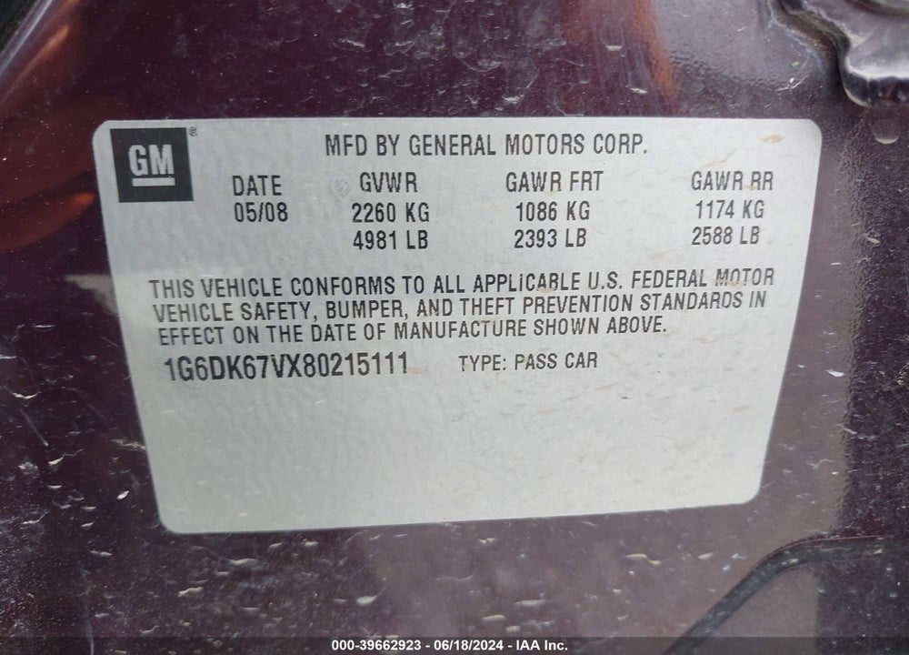 2008 CADILLAC STS V6 VIN: 1G6DK67VX80215111