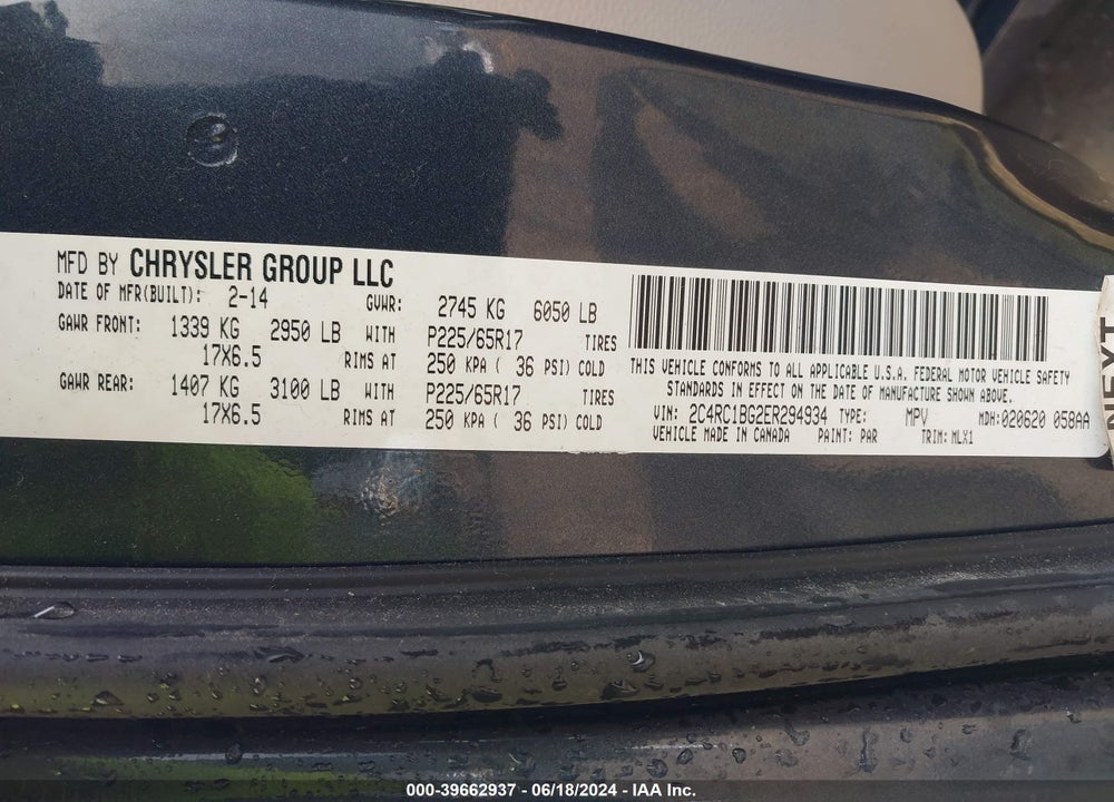 2014 CHRYSLER TOWN & COUNTRY TOURING VIN: 2C4RC1BG2ER294934