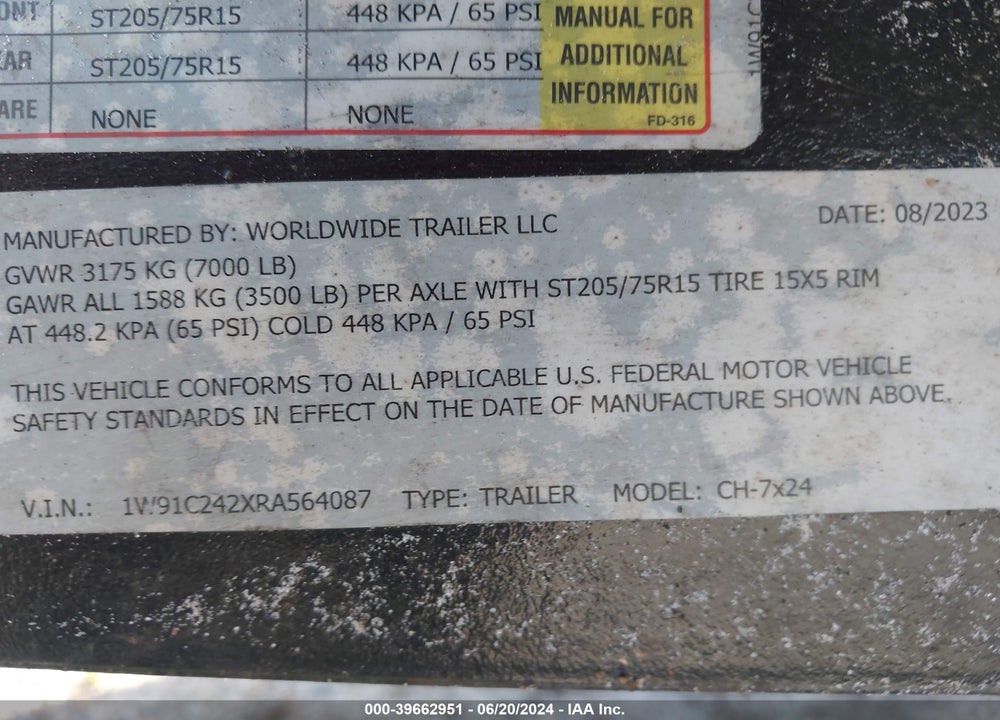 2024 TRAILER OTHER VIN: 1W91C242XRA564087
