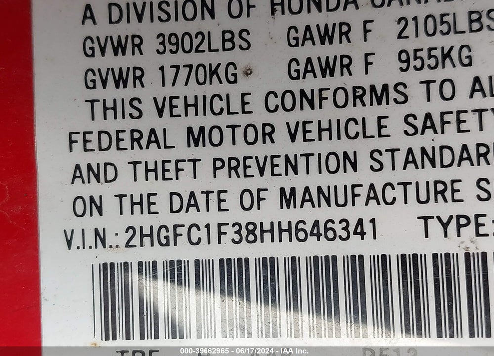 2017 HONDA CIVIC EX-T VIN: 2HGFC1F38HH646341
