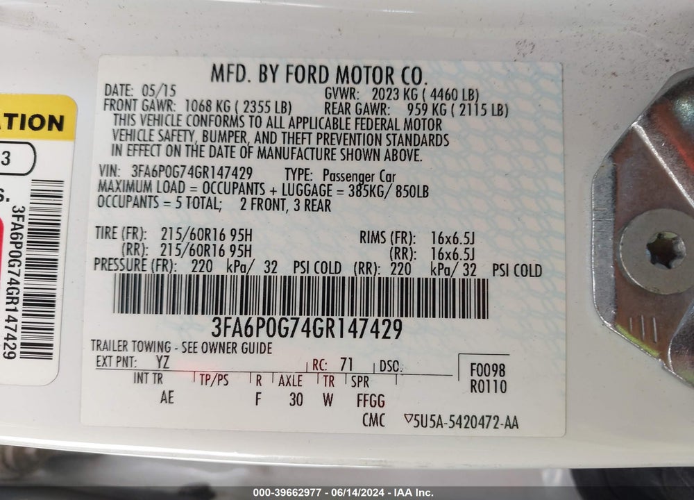 2016 FORD FUSION S VIN: 3FA6P0G74GR147429