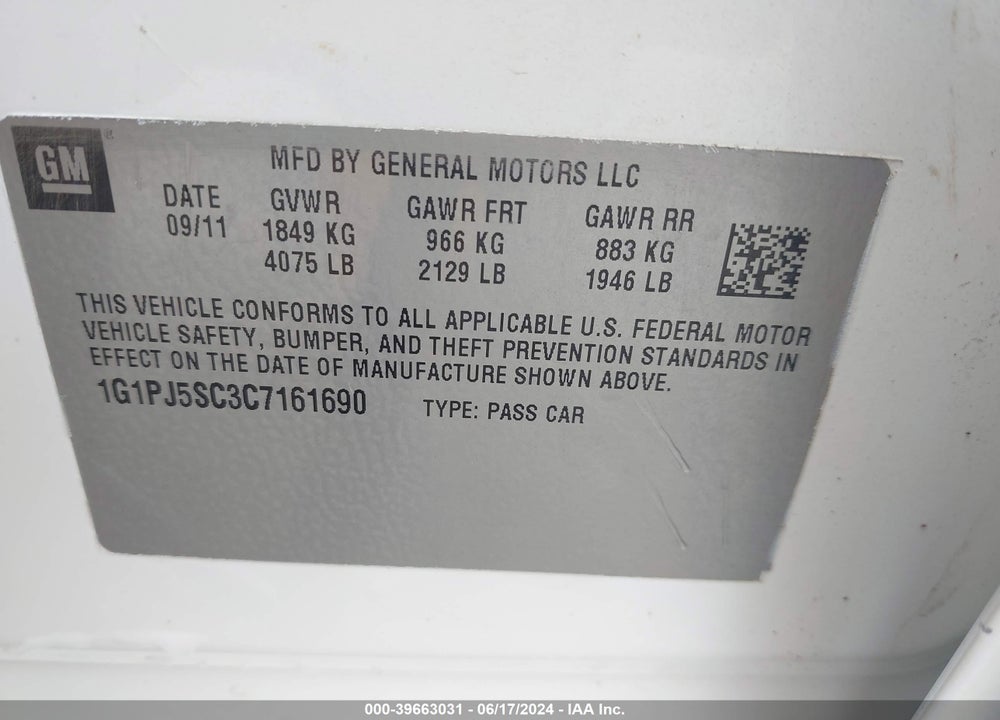 2012 CHEVROLET CRUZE ECO VIN: 1G1PJ5SC3C7161690