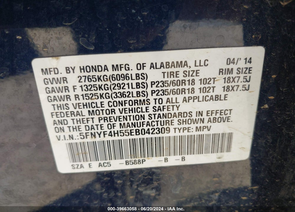 2014 HONDA PILOT EX-L VIN: 5FNYF4H55EB042309