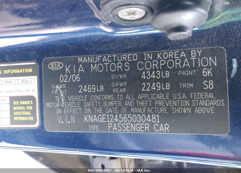 2006 KIA OPTIMA EX V6 (NEW)/LX V6 (NEW) VIN: KNAGE124565030481