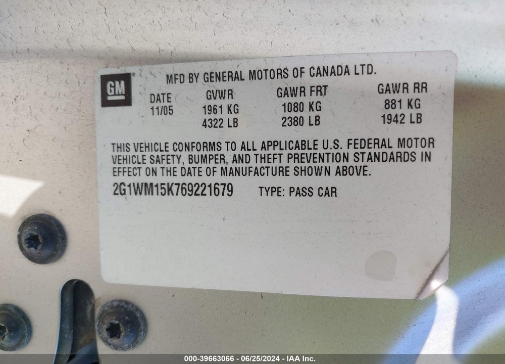 2006 CHEVROLET MONTE CARLO LT VIN: 2G1WM15K769221679