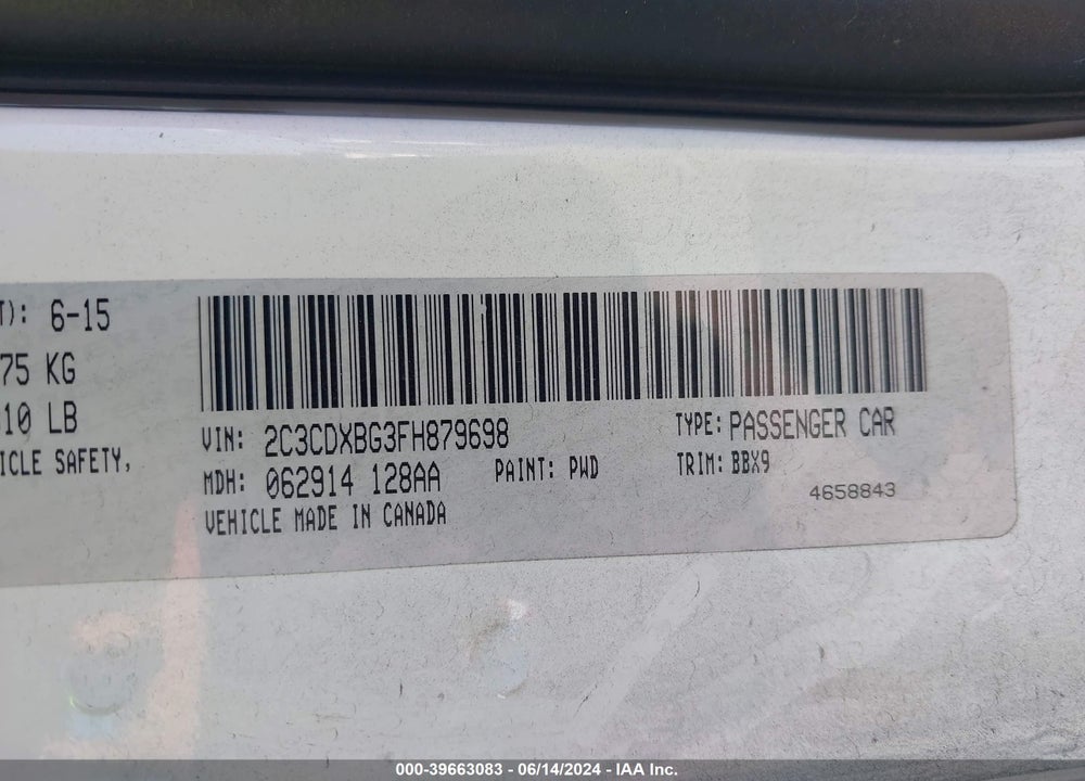2015 DODGE CHARGER SE VIN: 2C3CDXBG3FH879698