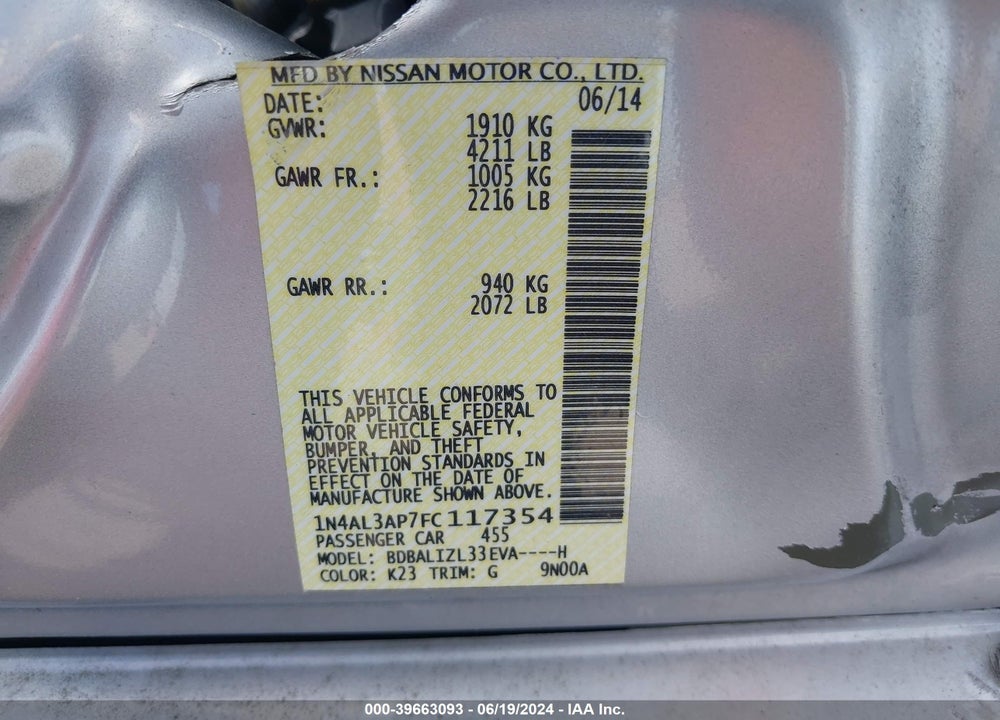 2015 NISSAN ALTIMA 2.5 SV VIN: 1N4AL3AP7FC117354